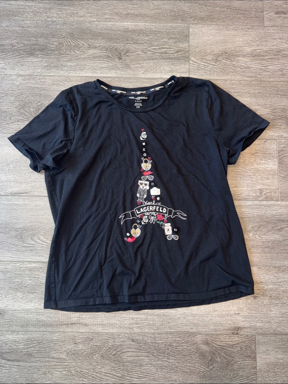 Karl Lagerfeld Kids Black Tee with Eiffel Tower Motif Size XL B3